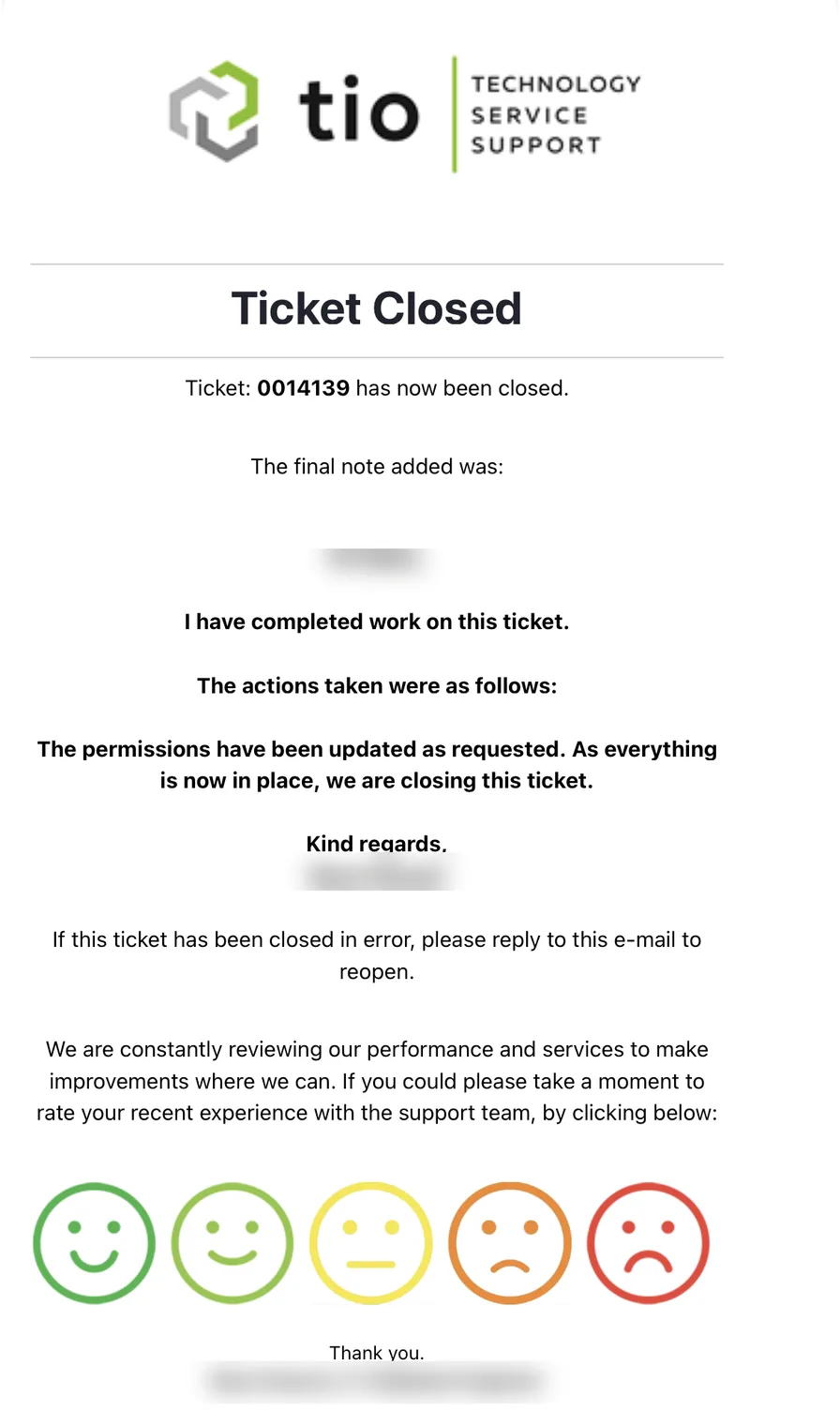 A TIO IT ticket closure notification with a satisfaction rating